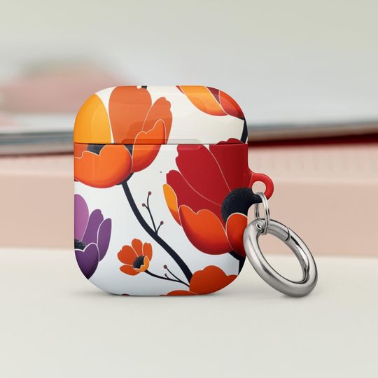 Floral Design AirPods Case, Protective AirPods Cover, Impact Absorbing AirPods Case with Carabiner, Wireless Charging Compatible