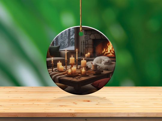 Cozy Winter Cabin Ornament: Fireplace, Sleeping Cat, Candlelight (Ceramic)