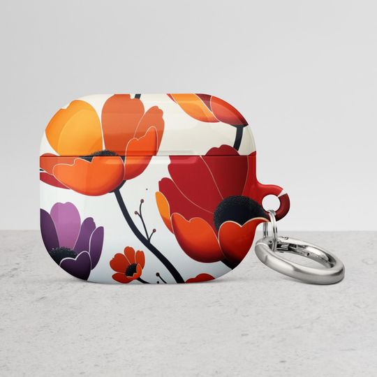 Floral Design AirPods Case, Protective AirPods Cover, Impact Absorbing AirPods Case with Carabiner, Wireless Charging Compatible
