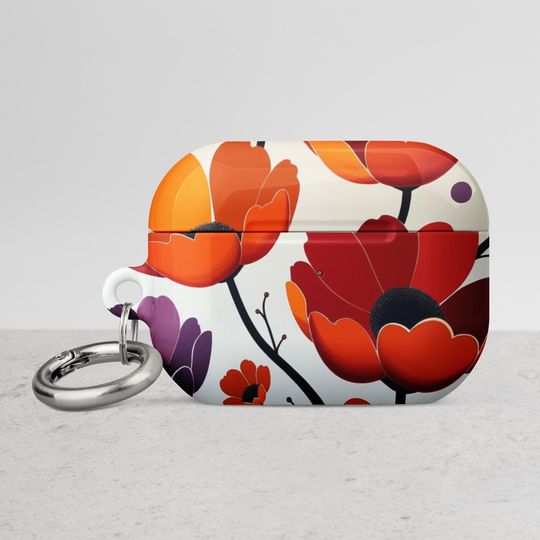 Floral Design AirPods Case, Protective AirPods Cover, Impact Absorbing AirPods Case with Carabiner, Wireless Charging Compatible
