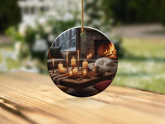 Cozy Winter Cabin Ornament: Fireplace, Sleeping Cat, Candlelight (Ceramic)