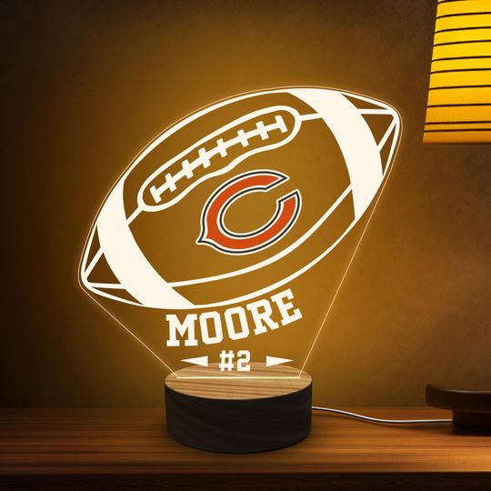Personalized Sports Night Light, Gift for Him, Boy Room Man Decor, American Football Lamp, Chicago Bears Fans Gifts