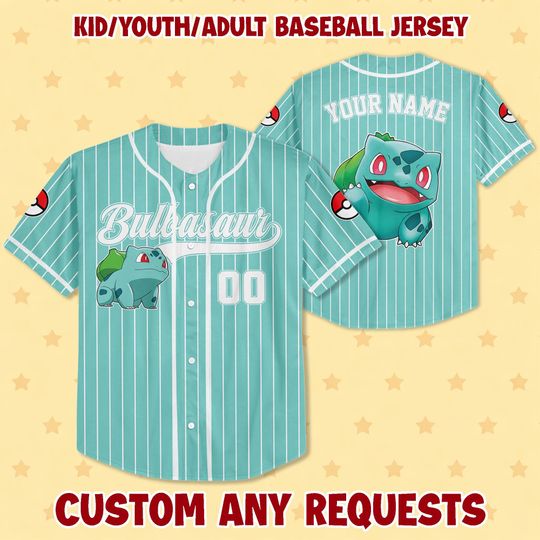 Personalized Bulbasaur Baseball Jersey, Anime Fan Gift