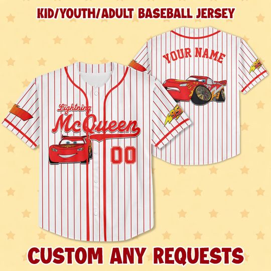 Lightning McQueen Cars Baseball Jersey, Pixar Cars Shirt, Kids Youth Adult Outfit