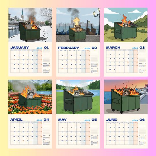Funny Raccoon Dumpster Fire Calendar 2026, Office Supplies, Home & Living