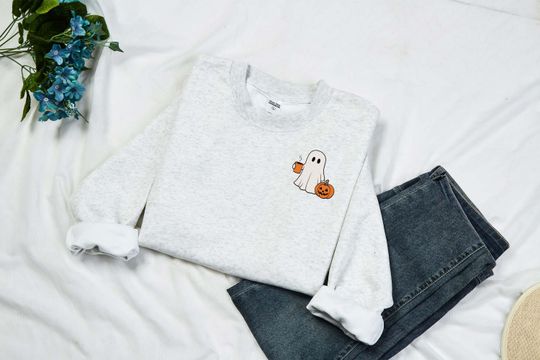 Embroidered Ghost Sweatshirt, Autumn Sweatshirt, Halloween Sweatshirt