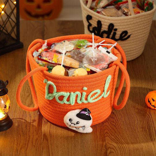 Custom Halloween Candy Basket Name Embroidery,Trick or Treat Bag, Halloween Trick or Treat Bag,Halloween Decor Bag, Kids Name Pumpkin Bucket