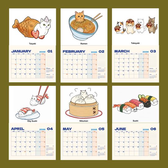 2026 Cat in Japanese Food Wall Calendar, Kawaii Neko Sushi Ramen Monthly Planner, Cute Cat Lover Gift