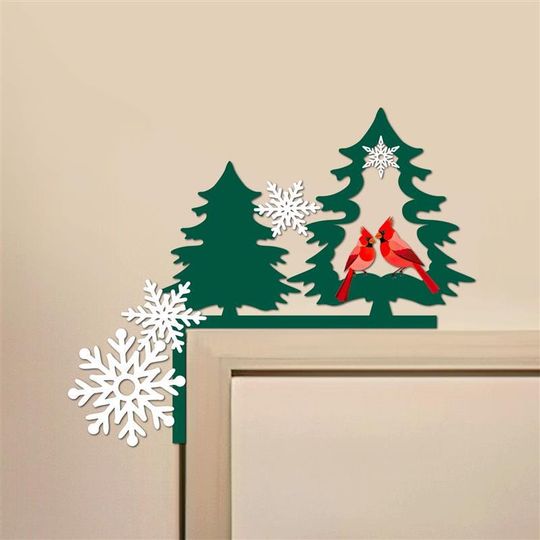 Christmas Cardinal & Pine Tree Metal Door Corner Decor