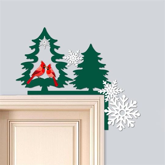 Christmas Cardinal & Pine Tree Metal Door Corner Decor