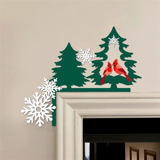 Christmas Cardinal & Pine Tree Metal Door Corner Decor