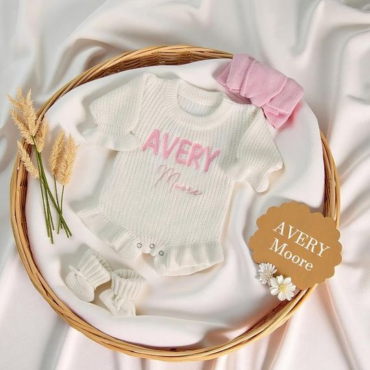 Baby Name Ruffle Romper Set, Embroidered Baby Romper, Custom Newborn Romper,Baby Shower Gift