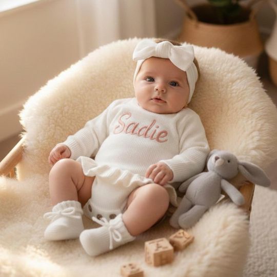 Personalized Newborn Name Romper, Embroidered Baby Ruffle Romper Set, Knitted Baby Outfit, Baby Shower Gift