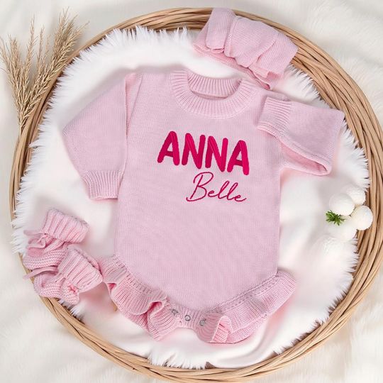 Baby Name Ruffle Romper Set, Embroidered Baby Romper, Custom Newborn Romper,Baby Shower Gift