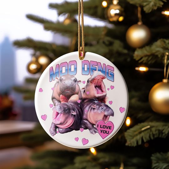 Moo Deng Ornament, Moo Deng I Love You Ornament, Moo Deng Christmas Ornament, Hippo Ornament, Animal Ornament