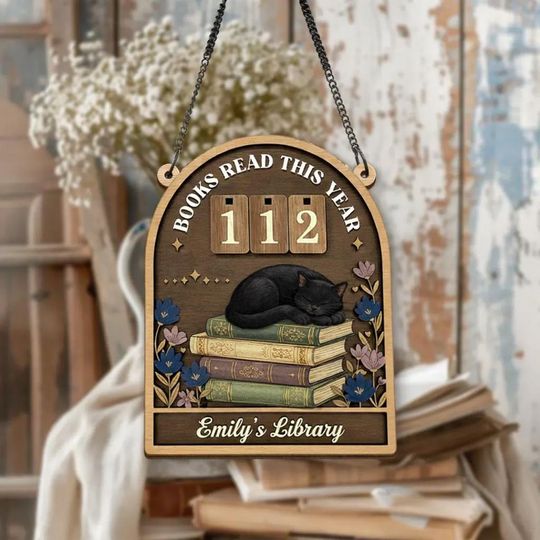 Custom Books Read This Year Sign, Personalized Reading Tracker Plaque, Cat and Succulent Decor