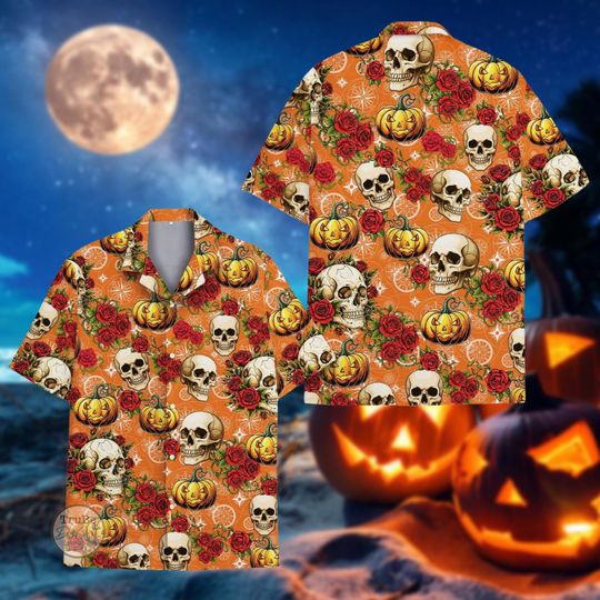 Pumpkin Rose Skull Halloween Aloha Shirt - Funny Button Down