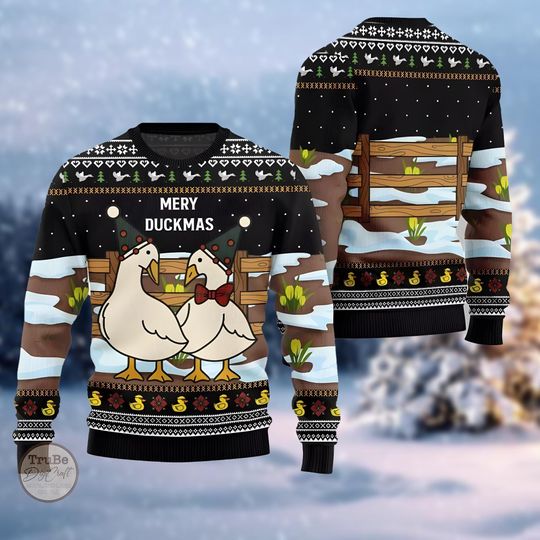 Merry Duckmas Ugly Sweater, Funny Duck Christmas Sweater, Cute Duck Sweater, Idea Christmas Gift for Men Women, Holiday Eve Sweater