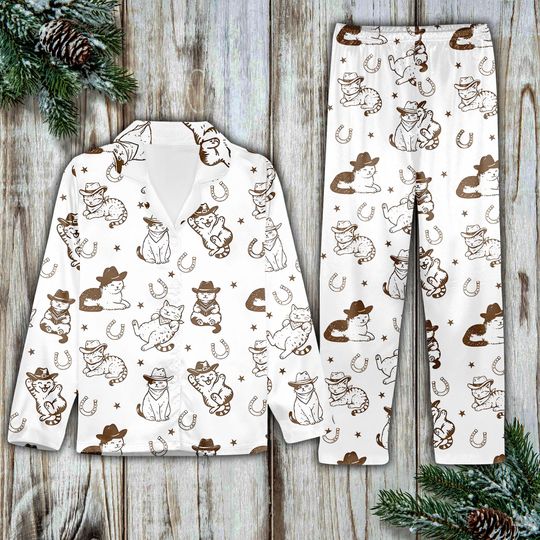 Western Cat Pajamas Set, Cute Cat Cowboy Loungewear