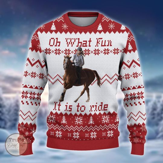 Personalized Photo Ugly Sweater, Oh What Fun It Is To Ride Christmas Sweater, Custom Image Sweater, Christmas Gift, Gift for Horse Lovers
