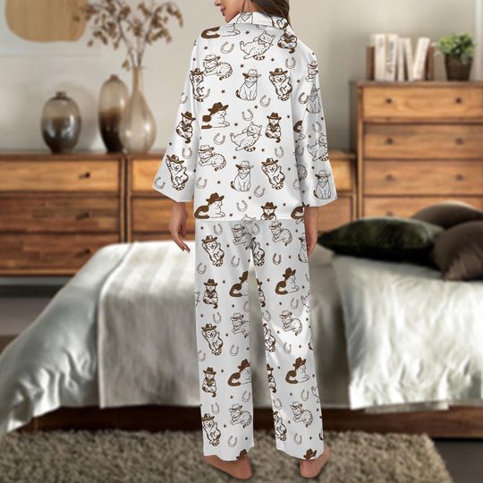 Western Cat Pajamas Set, Cute Cat Cowboy Loungewear