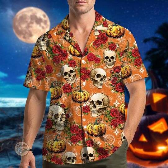 Pumpkin Rose Skull Halloween Aloha Shirt - Funny Button Down