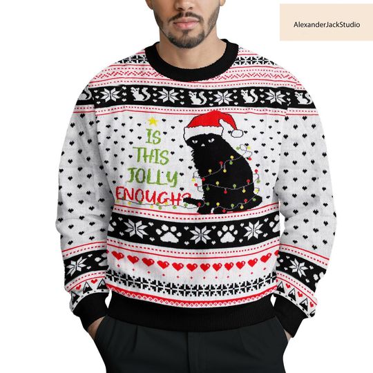 Black Cat 3D Ugly Christmas Sweater, Funny Holiday Cat Sweatshirt for Cat Lovers