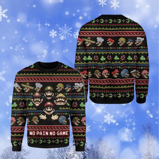 Super Mario Ugly Xmas Sweater, Mario Woolen Sweatshirt, Bowser Mario Yoshi Peach Toad