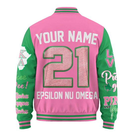 Alpha Kappa Alpha Baseball Jacket, Pink and Green Shirt