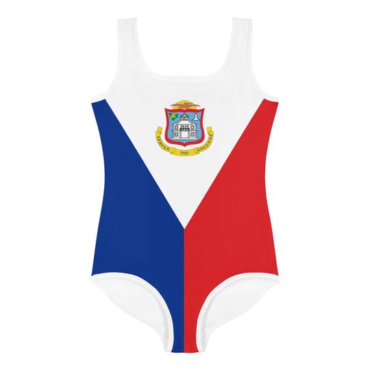 St. Maarten Kids Caribbean Island Girl One-Piece Swimsuit, Saint Maarten Flag Bathing Suit