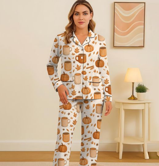 Pumpkin Spice Fall Pajamas Set, Autumn Coffee Mug Leaf Sleepwear