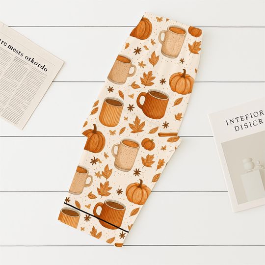 Pumpkin Spice Fall Pajamas Set, Autumn Coffee Mug Leaf Sleepwear