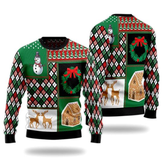 Snowman Reindeer Christmas Sweater, Gingerbread Ugly Xmas Jumper, Cozy Winter Holiday Pullover