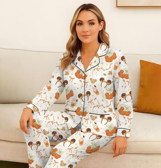 Autumn Pumpkin Cherry Pajamas Set, Cute Fall Bow Sleepwear