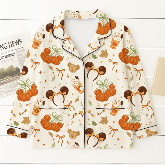 Autumn Pumpkin Cherry Pajamas Set, Cute Fall Bow Sleepwear