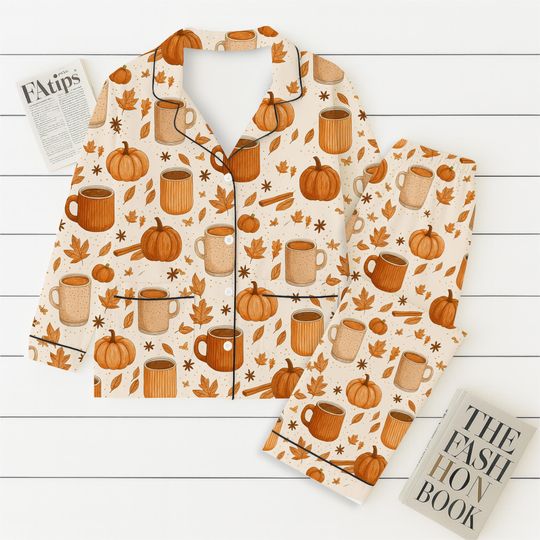 Pumpkin Spice Fall Pajamas Set, Autumn Coffee Mug Leaf Sleepwear