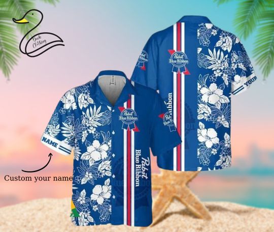 Personalized Tropical Hibiscus Pabst Blue Ribbon Hawaii Shirt, Halloween Shirt, Hawaiian Shirt, Cute Halloween Hawaiian Shirt
