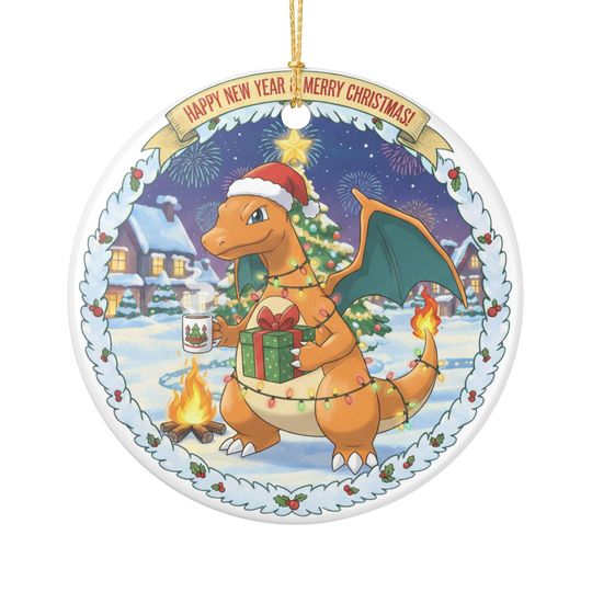 PKM Charizard Christmas Ceramic Ornament  Holiday Decoration, New Year Gift, Cute Tree Decor