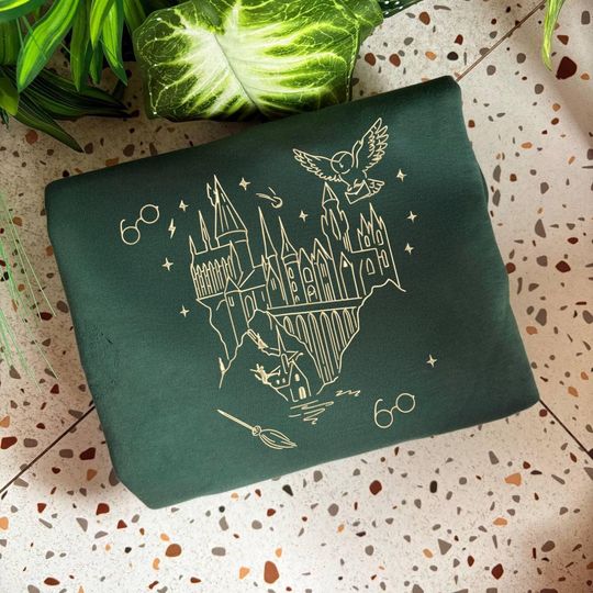 Embroidered Wizard Castle Heart Sweatshirt, HP Magic School Shirt, Fantasy Castle Tee, Cozy Witch Hogwarts, Book Lover Magical Gift ESH5809