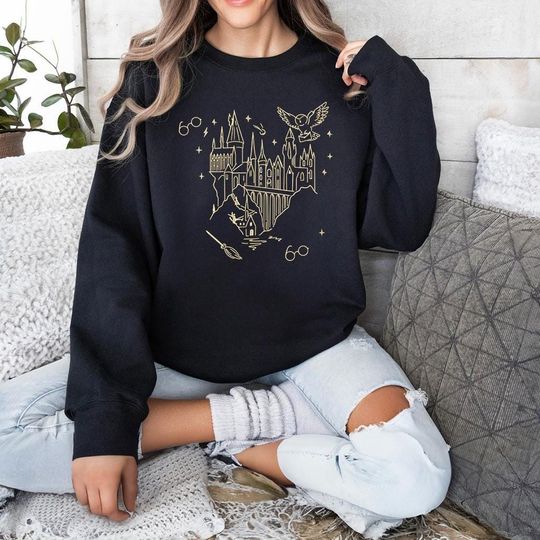 Embroidered Wizard Castle Heart Sweatshirt, HP Magic School Shirt, Fantasy Castle Tee, Cozy Witch Hogwarts, Book Lover Magical Gift ESH5809