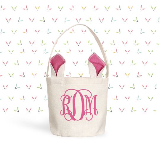 Personalized Bunny Ears Easter Basket - Monogrammed Bucket Bag in Pink, Blue, or Green