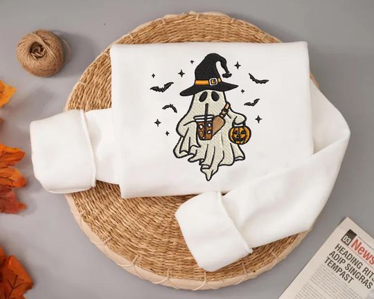 Ghost Drinking Coffee Sweatshirt, Embroidered Halloween Crewneck
