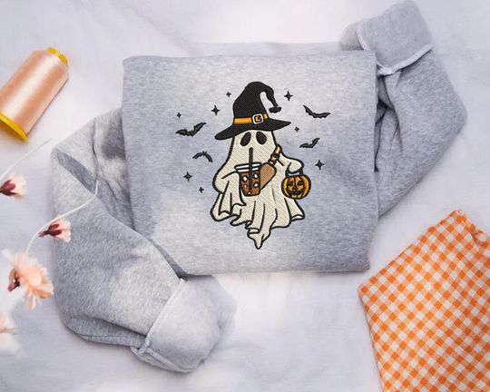 Ghost Drinking Coffee Sweatshirt, Embroidered Halloween Crewneck