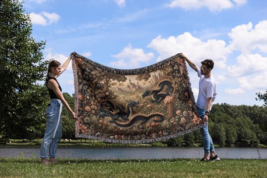 Dragon Woven Blanket Tapestry: Medieval Fantasy Gothic Decor