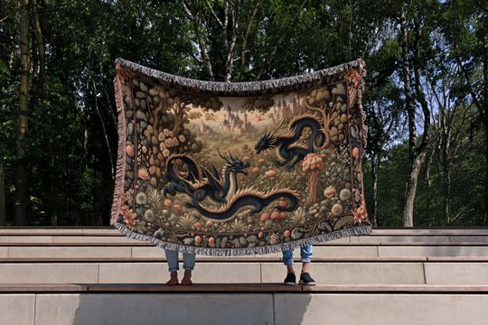 Dragon Woven Blanket Tapestry: Medieval Fantasy Gothic Decor