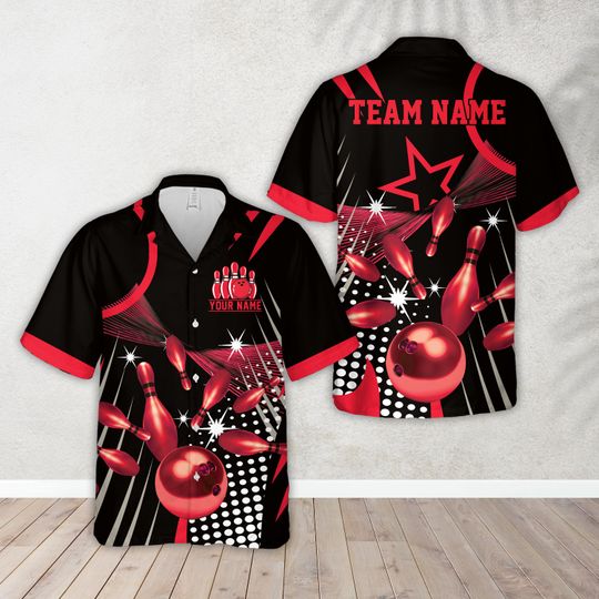 Personalized Name Starburst & Dot Pattern Bowling Hawaiian Shirt, Custom Color Bowling League Button Up Shirt, Bowling Team Shirt For Bowler