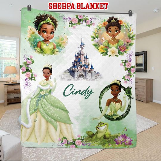 Custom Tiana Princess Blanket, Personalized Flannel Sherpa Throw
