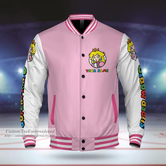 Custom Princess Peach Baseball Jacket, SupMario Gamer Outfit, Personalized Player Gift