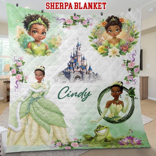 Custom Tiana Princess Blanket, Personalized Flannel Sherpa Throw