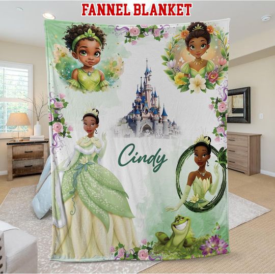 Custom Tiana Princess Blanket, Personalized Flannel Sherpa Throw